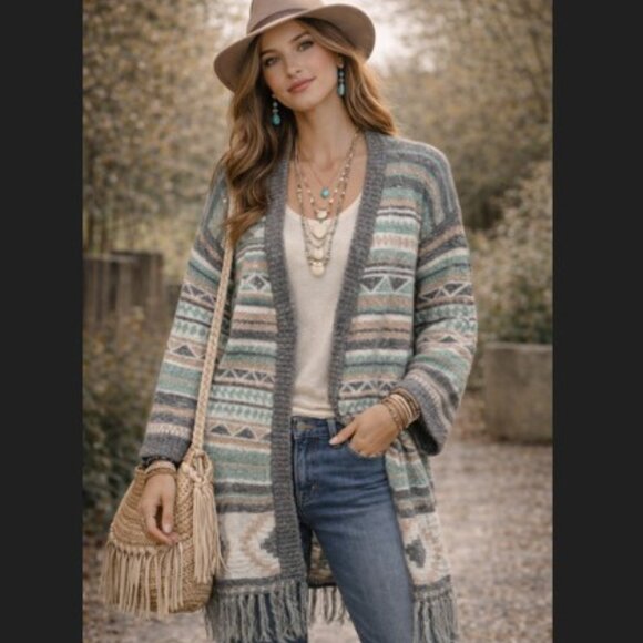 Sweaters - Lil Bees Womens L Bohemian Tribal Aztec Fringe Cardigan Sweater Jacket Western